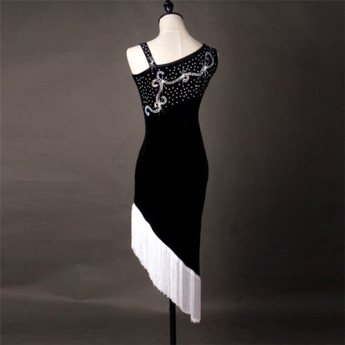 Black white patchwork velvet rhinestones inclined shoulder irregular hem fringes skirts competition performance latin dance dresses